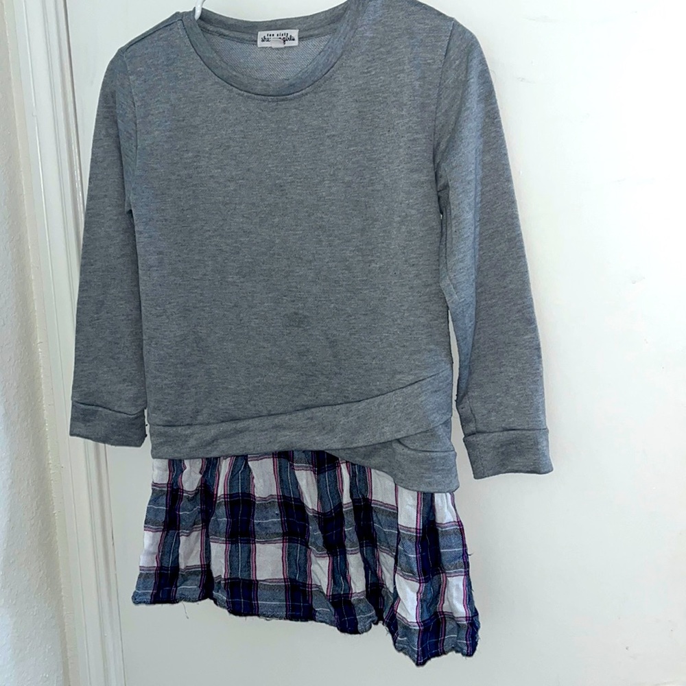 Ten Sixty Sherman Girls NWT Heather Gray Blue Plaid Mixed Media Sweatshirt Dress